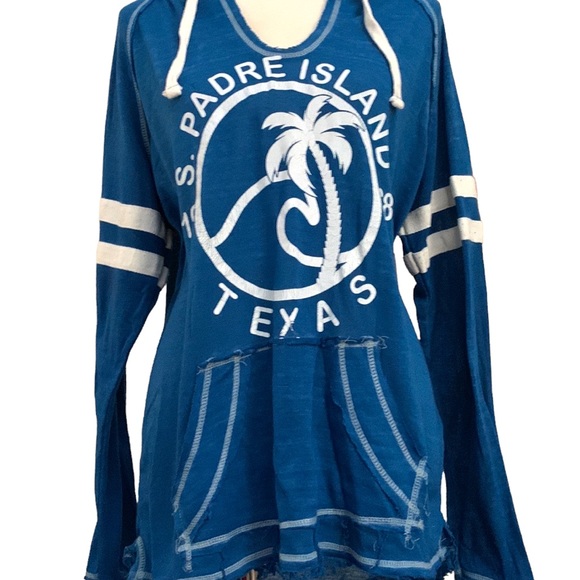 UZZI graphic design Padre Island Texas distressed hooded pullover coverup - Picture 13 of 16